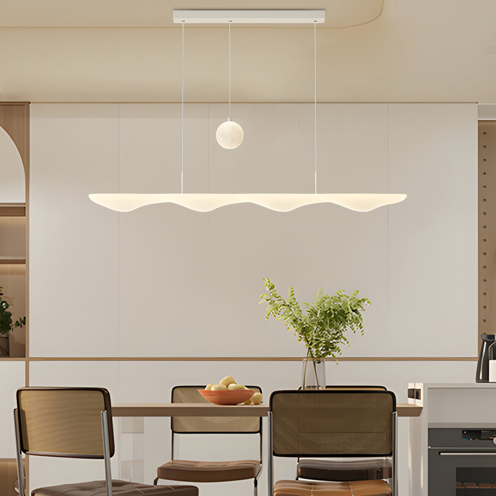 Modern Wave Moon Long Strip LED Chandelier with 3 Step Dimming for Dining Room White Finish