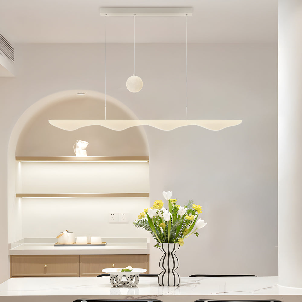 Modern Wave Moon Long Strip LED Chandelier with 3 Step Dimming for Dining Room White Finish