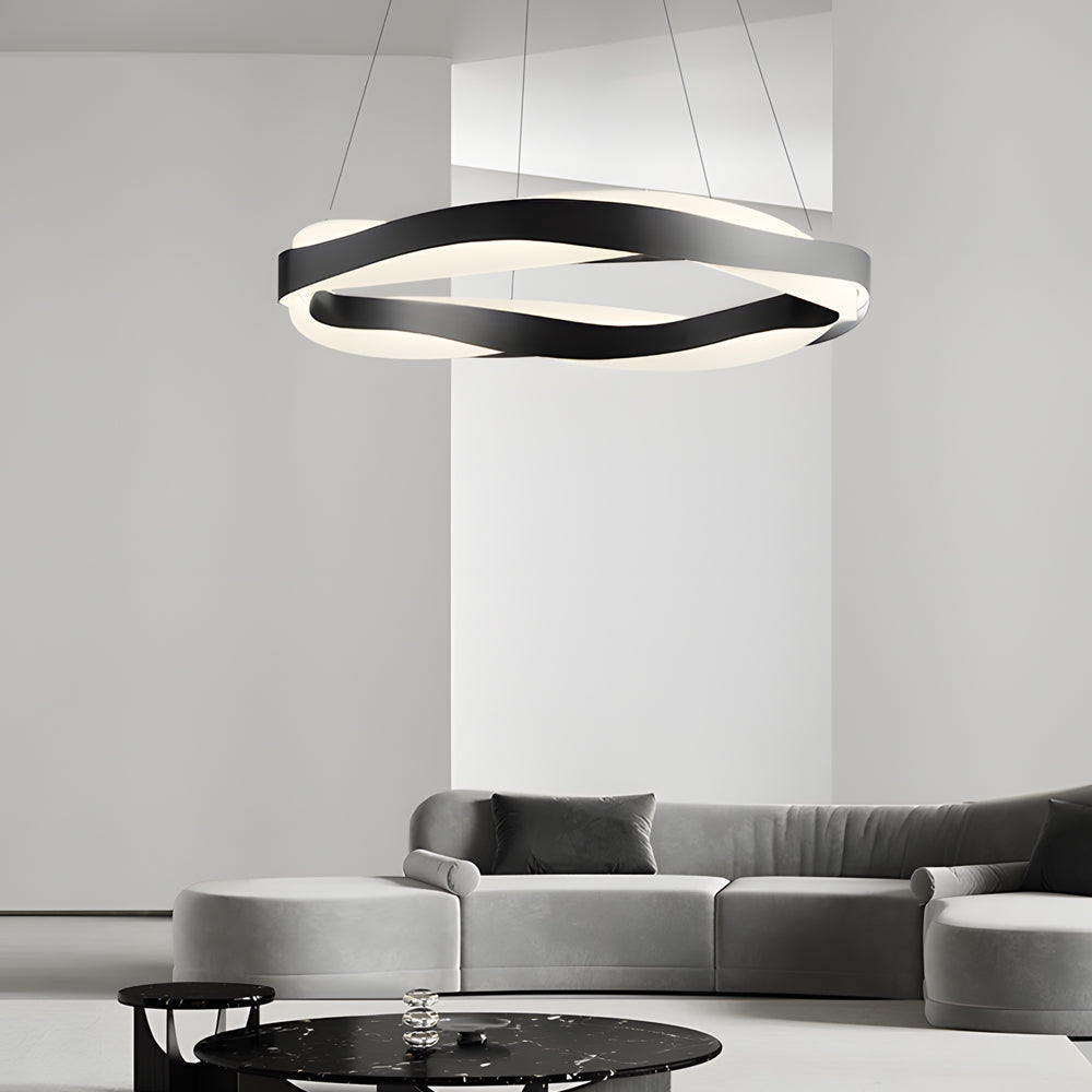 Modern Wavy LED Pendant Light Black Linear and Round Textured Acrylic Chandelier for Living Room
