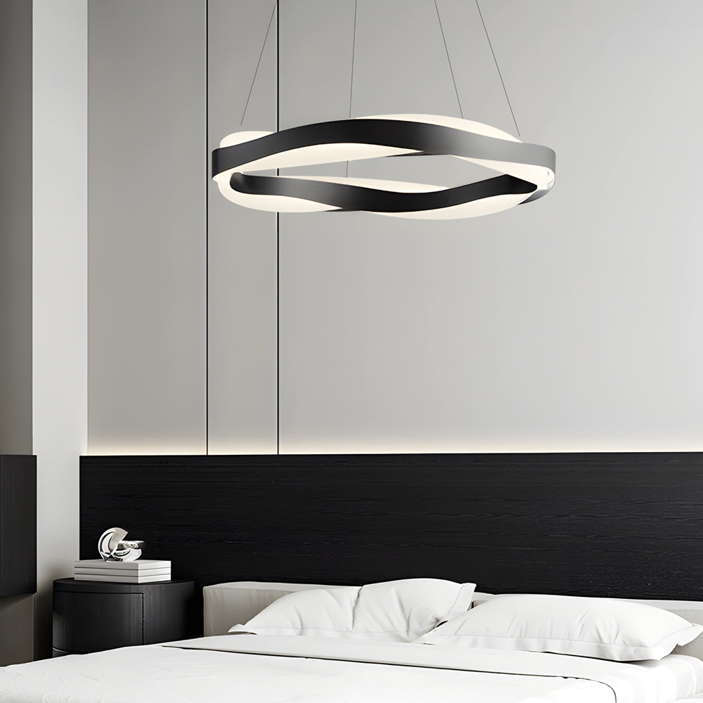Modern Wavy LED Pendant Light Black Linear and Round Textured Acrylic Chandelier for Living Room