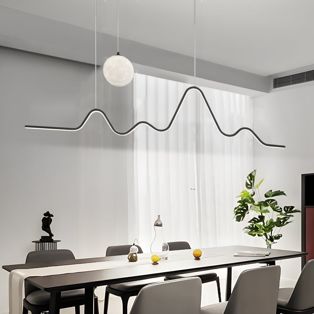 Modern Wavy Linear LED Kitchen Island Pendant Light with 3D Moon Shade 47 Inch
