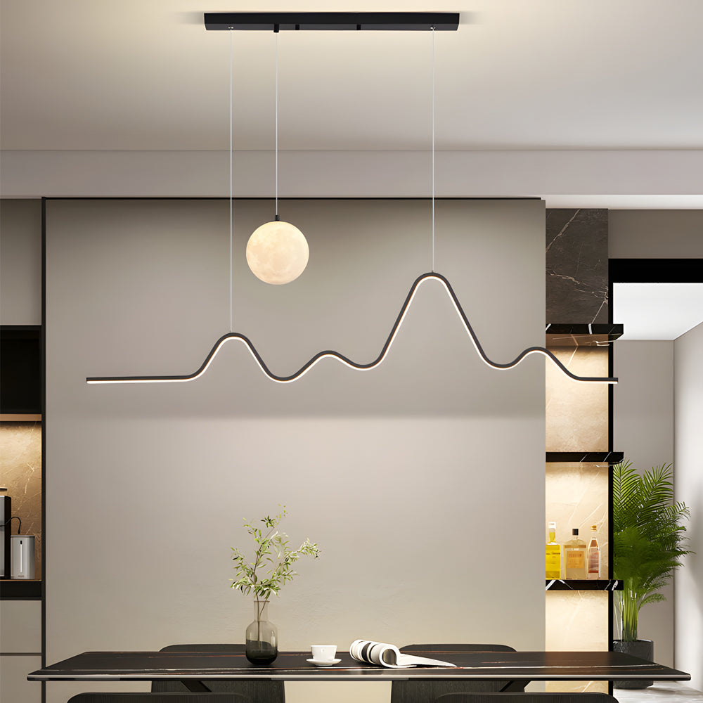 Modern Wavy Linear LED Kitchen Island Pendant Light with 3D Moon Shade 47 Inch