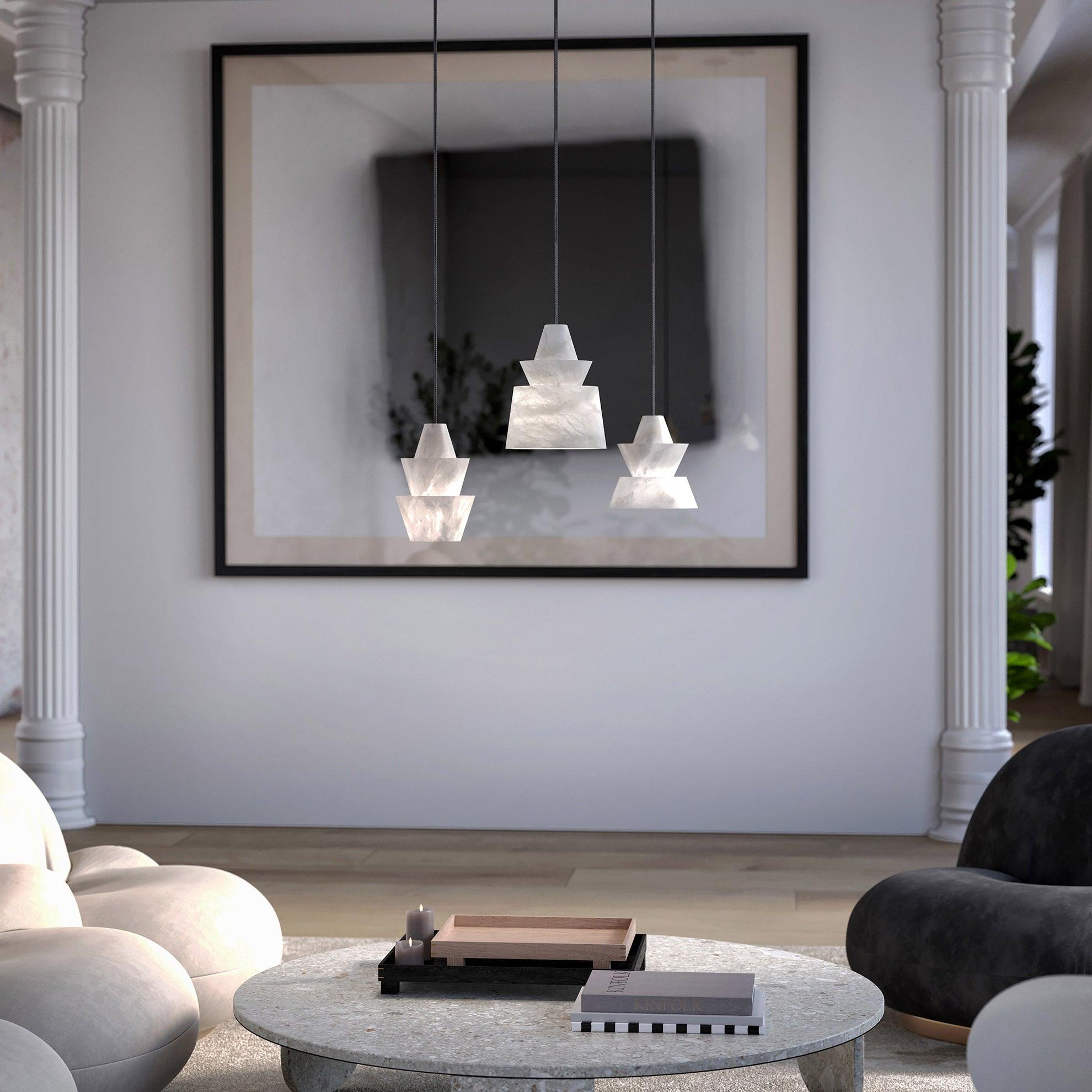 Modern White Alabaster Stone Pendant Light Natural Veining Ceiling Fixture