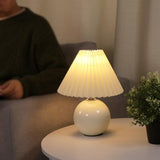 Modern White Ceramic Table Lamp with Pleated Fabric Shade for Bedroom and Living Room