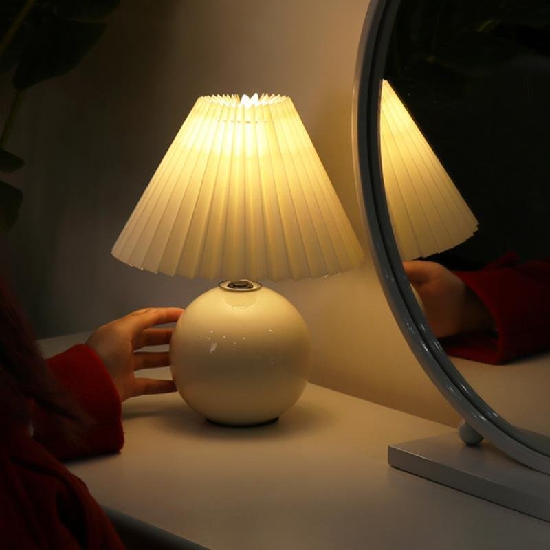 Modern White Ceramic Table Lamp with Pleated Fabric Shade for Bedroom and Living Room