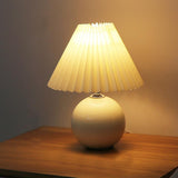 Modern White Ceramic Table Lamp with Pleated Fabric Shade for Bedroom and Living Room