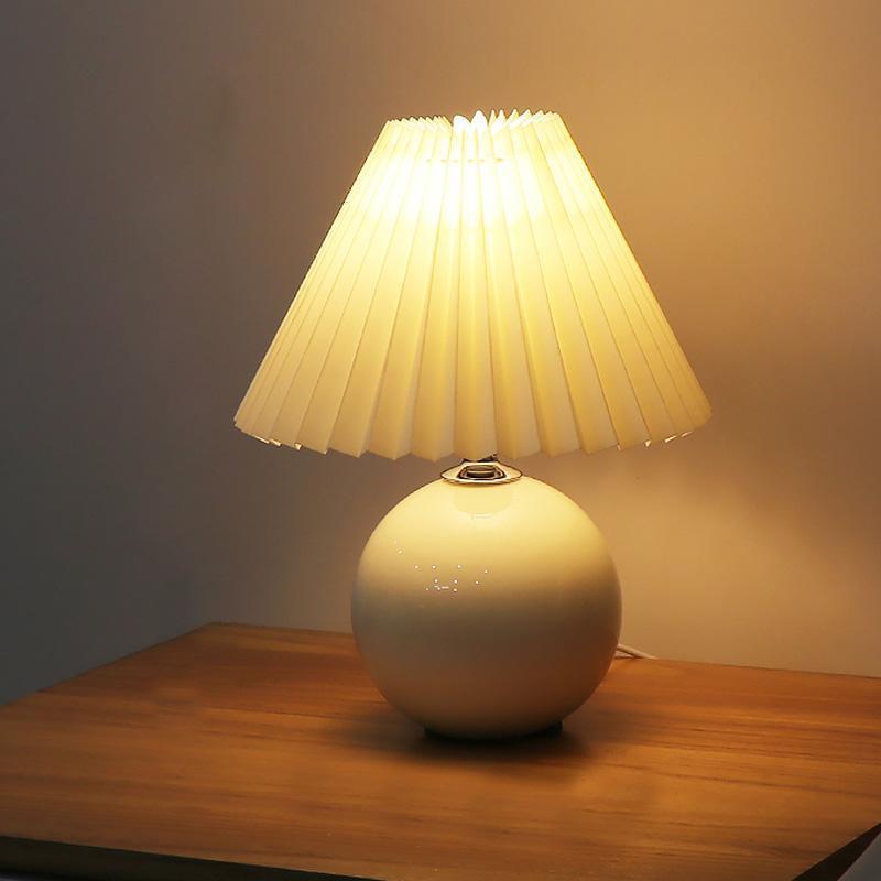 Modern White Ceramic Table Lamp with Pleated Fabric Shade for Bedroom and Living Room