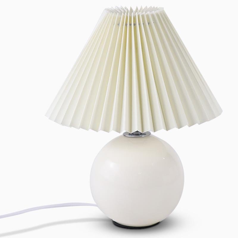 Modern White Ceramic Table Lamp with Pleated Fabric Shade for Bedroom and Living Room