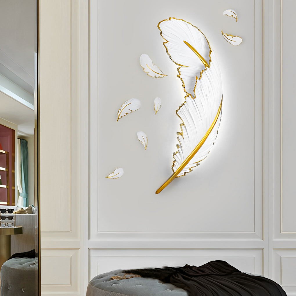 Modern White Feather Resin LED Wall Sconce Dimmable Art Decor Lighting for Living Room