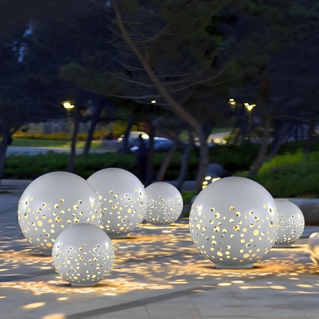 Modern White Hollow Sphere Outdoor Garden Light Waterproof Metal Round Lawn Lantern
