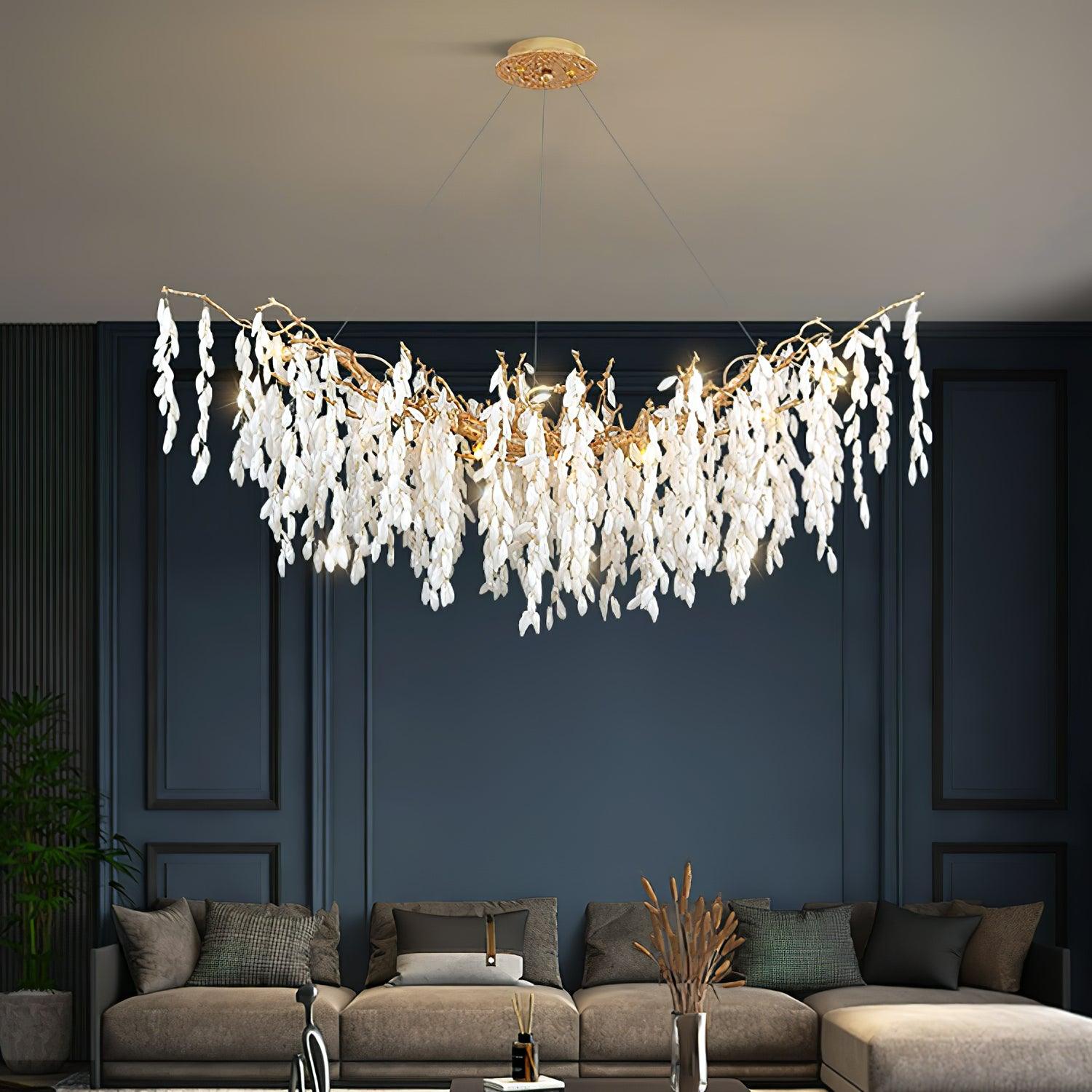Modern White Jade Leaf Branch Brass Chandelier Luxury Hanging Pendant Light