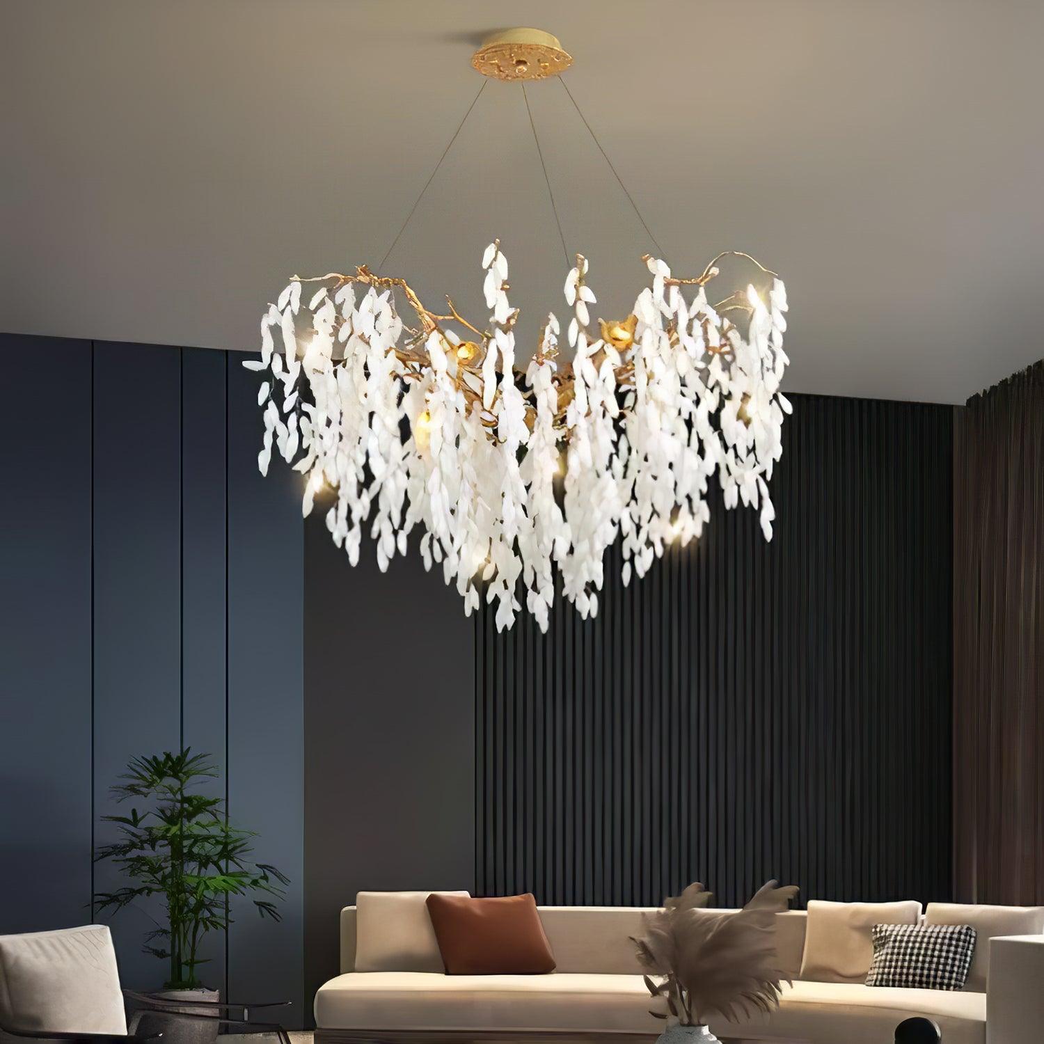 Modern White Jade Leaf Branch Brass Chandelier Luxury Hanging Pendant Light