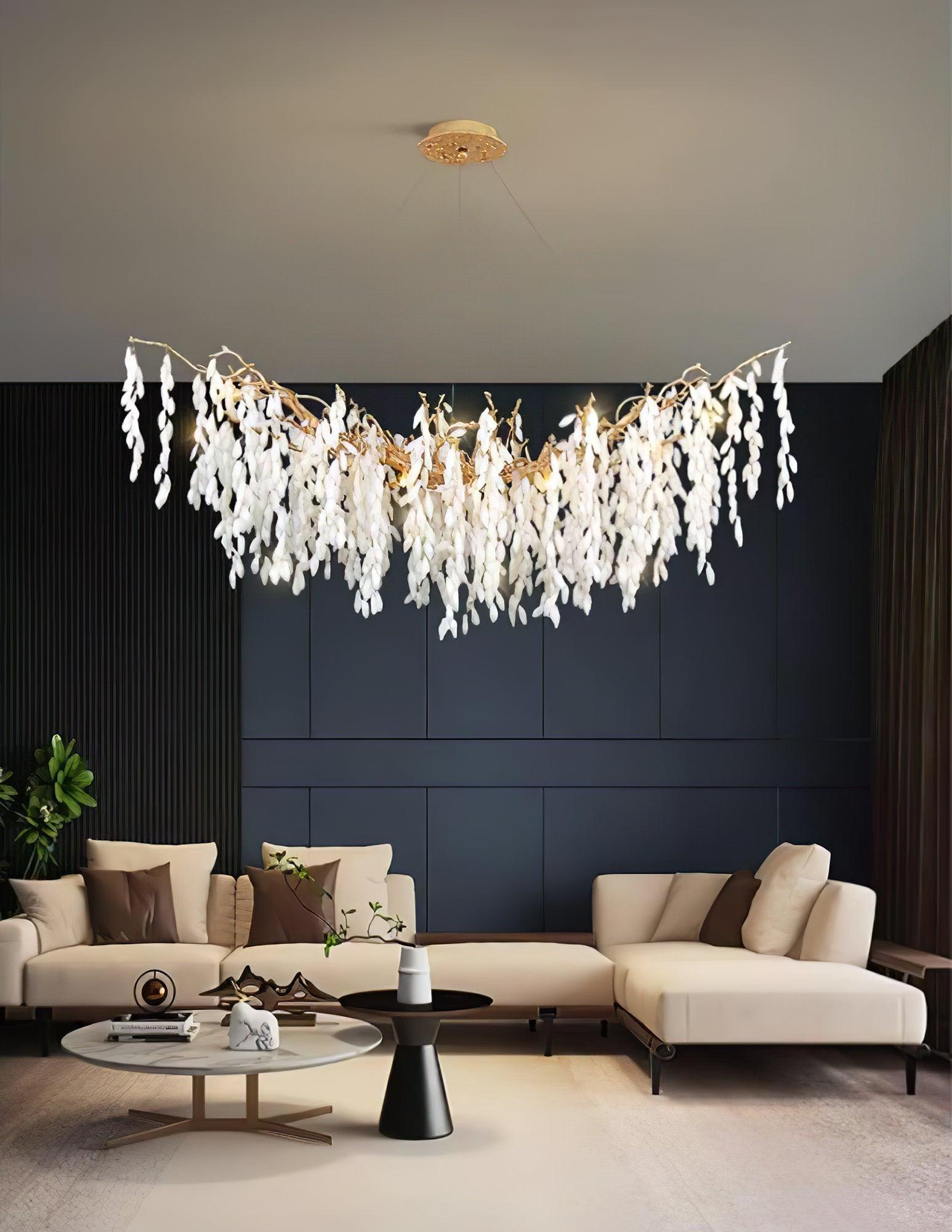Modern White Jade Leaf Branch Brass Chandelier Luxury Hanging Pendant Light