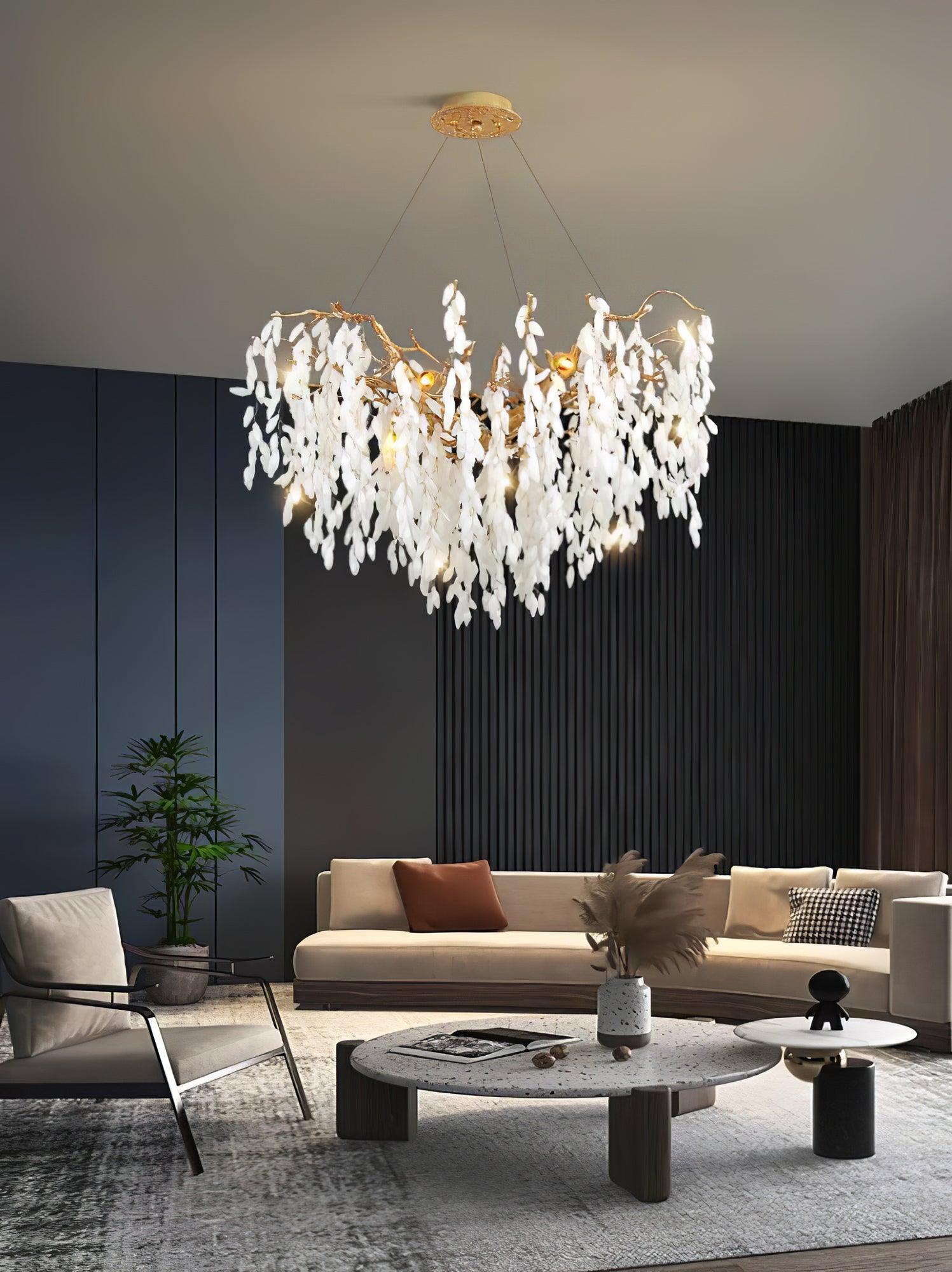 Modern White Jade Leaf Branch Brass Chandelier Luxury Hanging Pendant Light