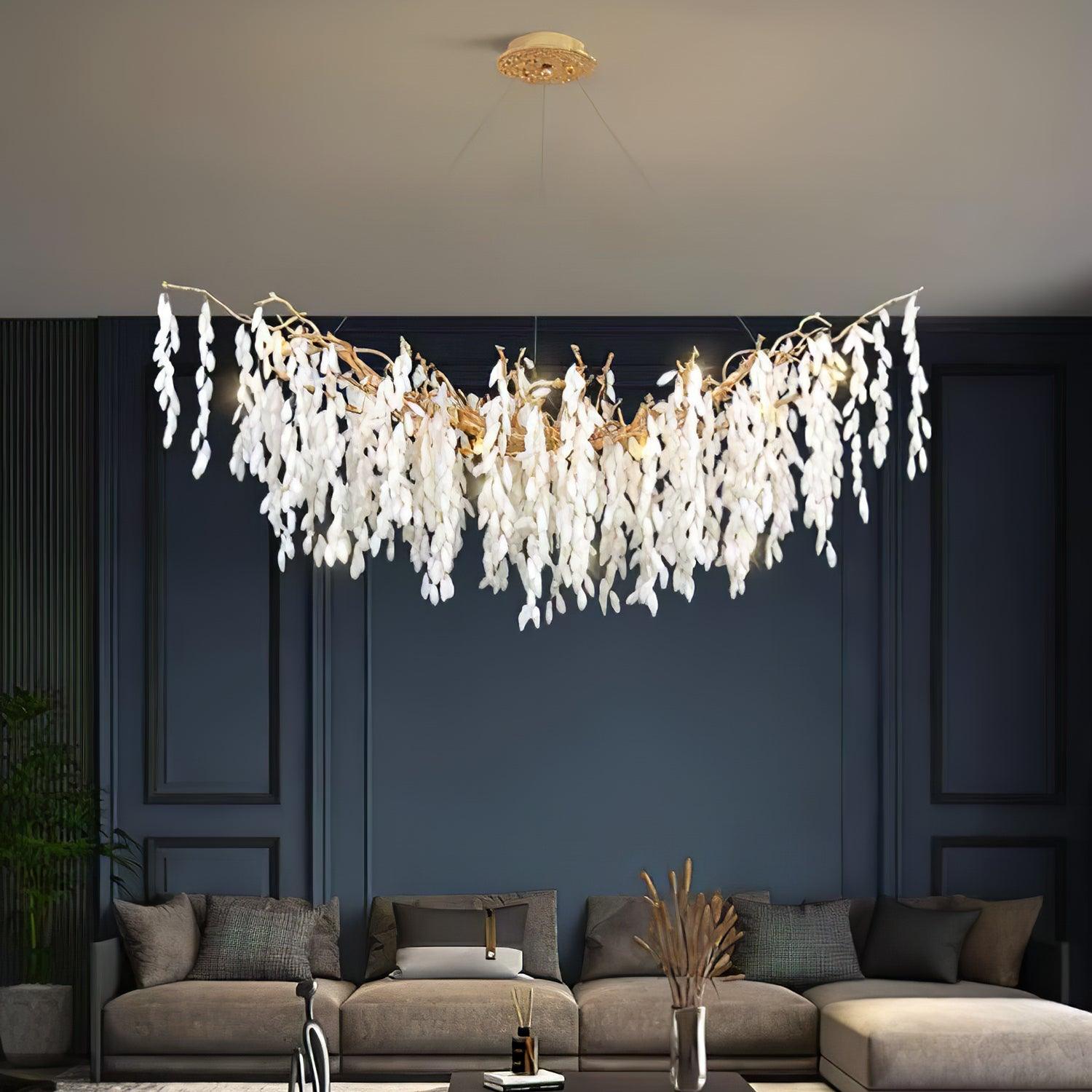 Modern White Jade Leaf Branch Brass Chandelier Luxury Hanging Pendant Light