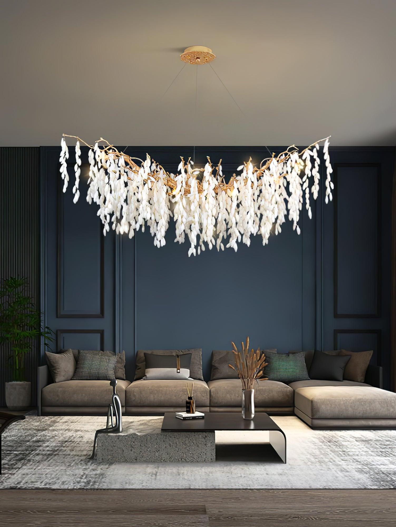 Modern White Jade Leaf Branch Brass Chandelier Luxury Hanging Pendant Light