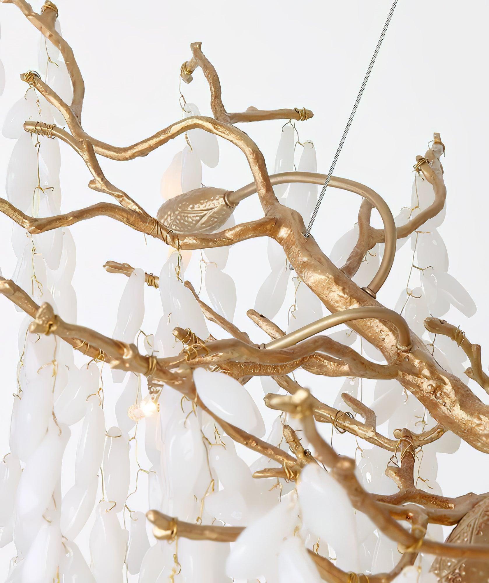 Modern White Jade Leaf Branch Brass Chandelier Luxury Hanging Pendant Light