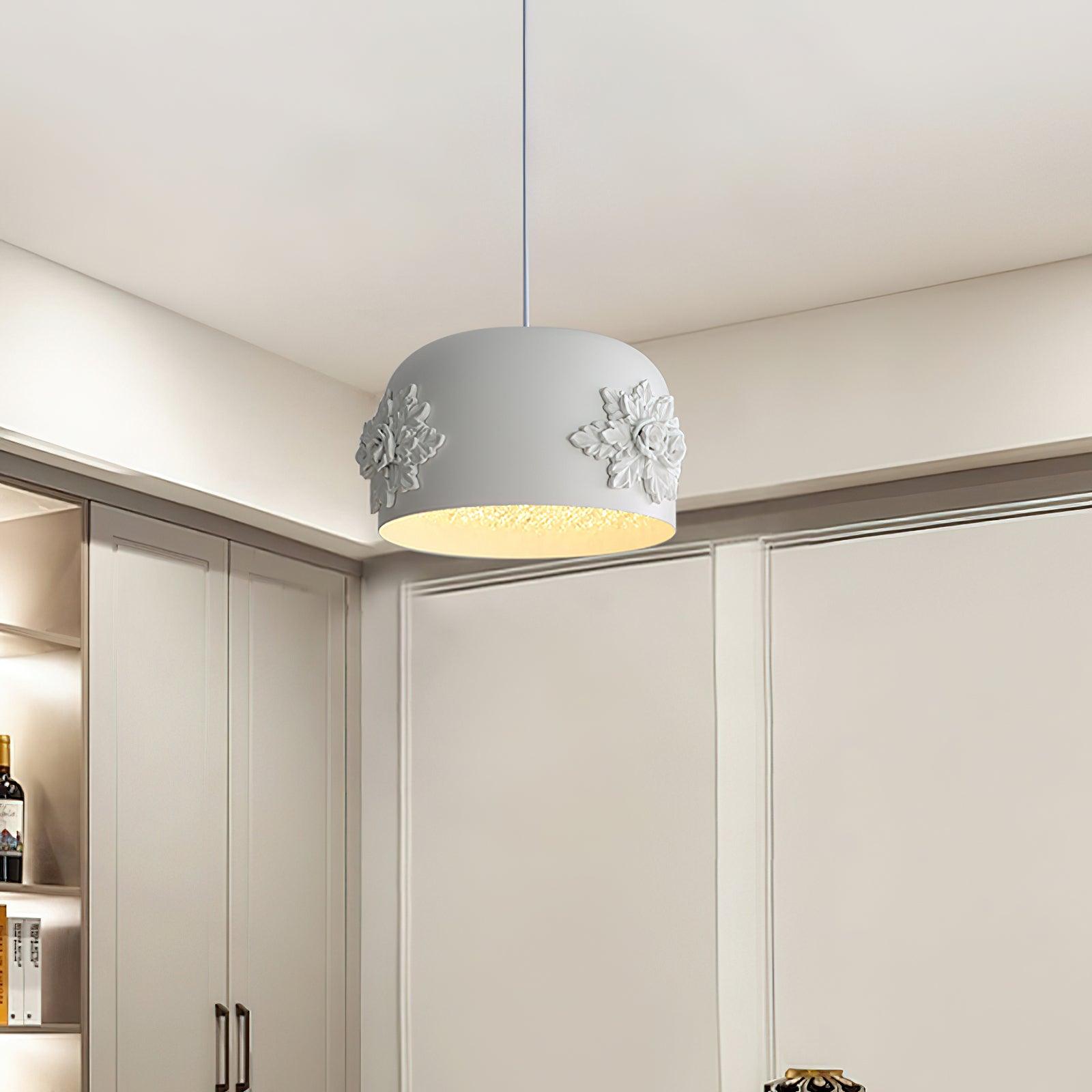 Modern White Resin LED Pendant Light Hand Carved Ceiling Hanging Lamp with Crystals