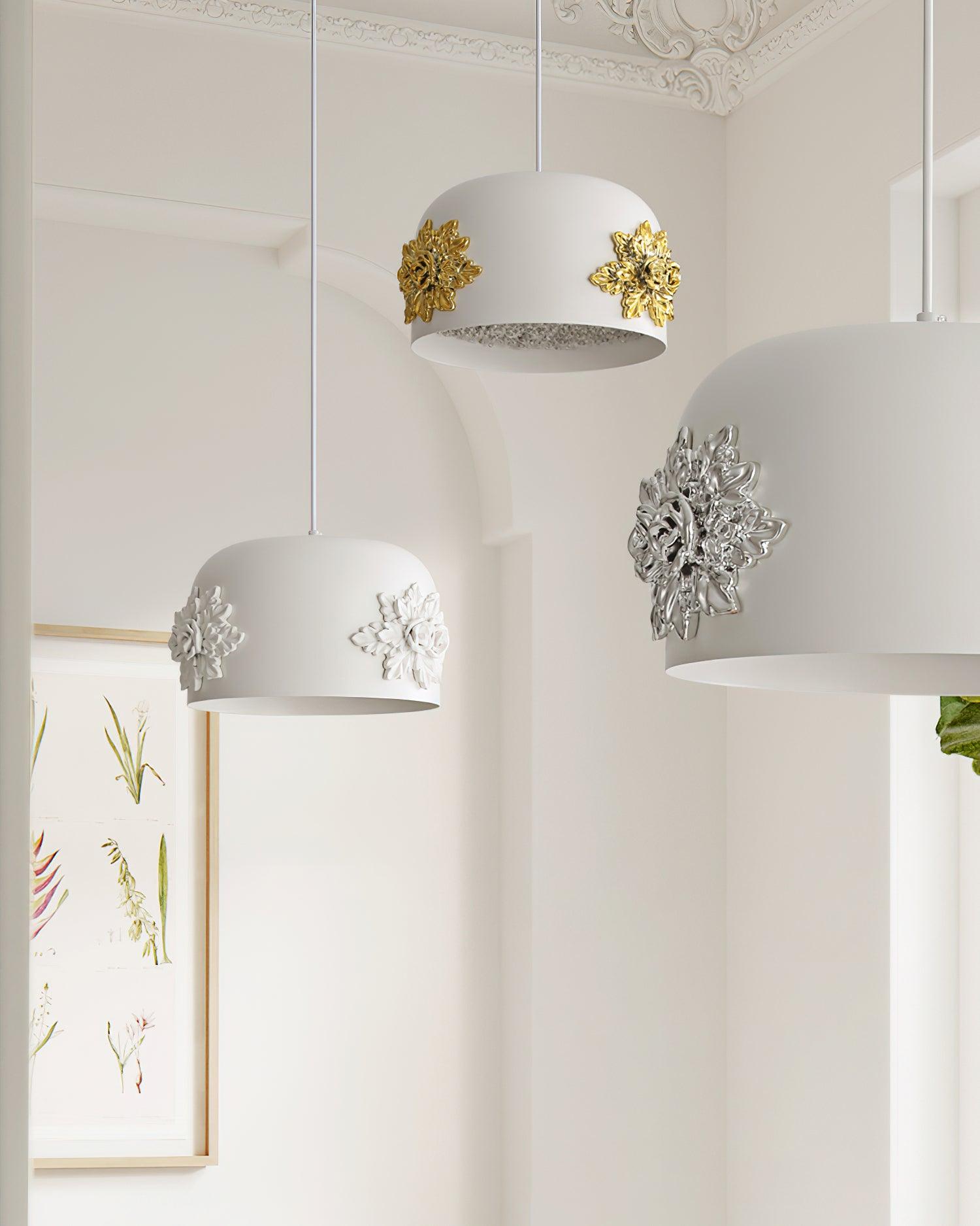 Modern White Resin LED Pendant Light Hand Carved Ceiling Hanging Lamp with Crystals