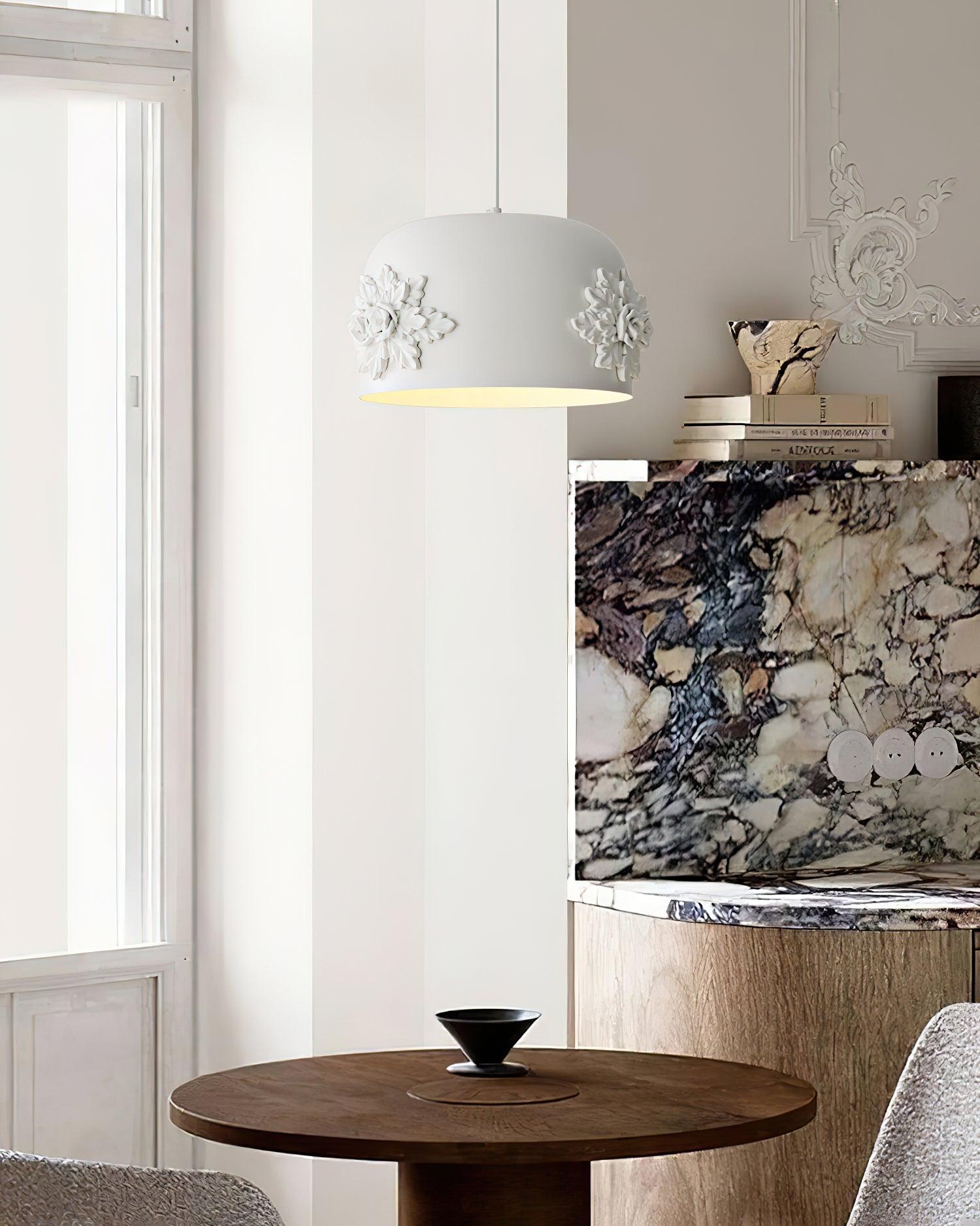 Modern White Resin LED Pendant Light Hand Carved Ceiling Hanging Lamp with Crystals