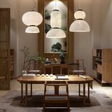Modern White Silk Lantern Pendant Light with Oak Wood Details and Adjustable Hanging Cord