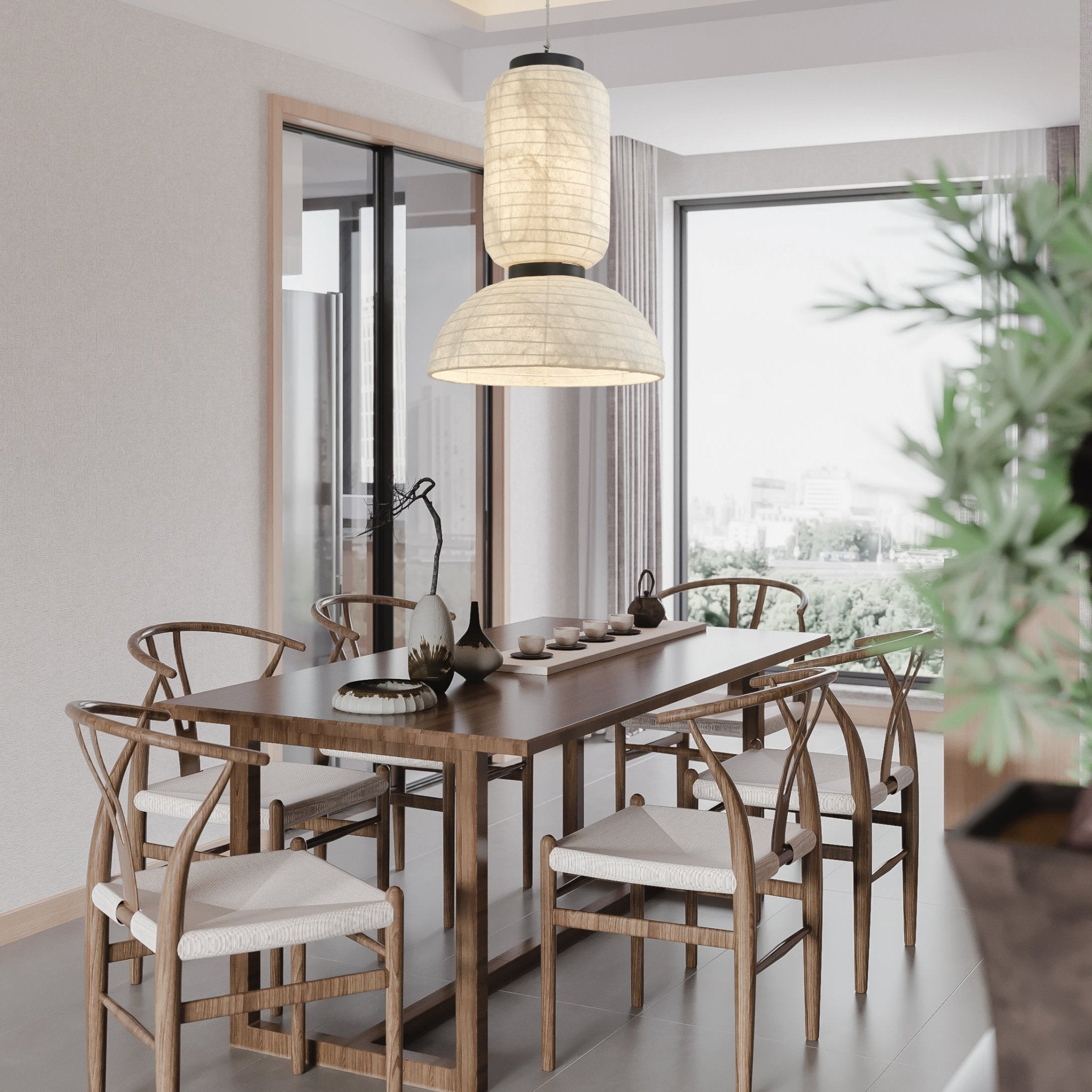 Modern White Silk Lantern Pendant Light with Oak Wood Details and Adjustable Hanging Cord