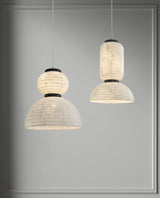 Modern White Silk Lantern Pendant Light with Oak Wood Details and Adjustable Hanging Cord