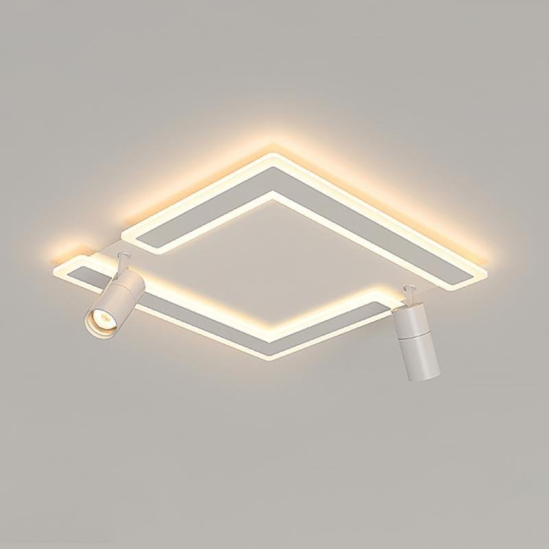 Modern White Square LED Flush Mount Ceiling Light with Two Rotating Spotlights and Dimmable Control