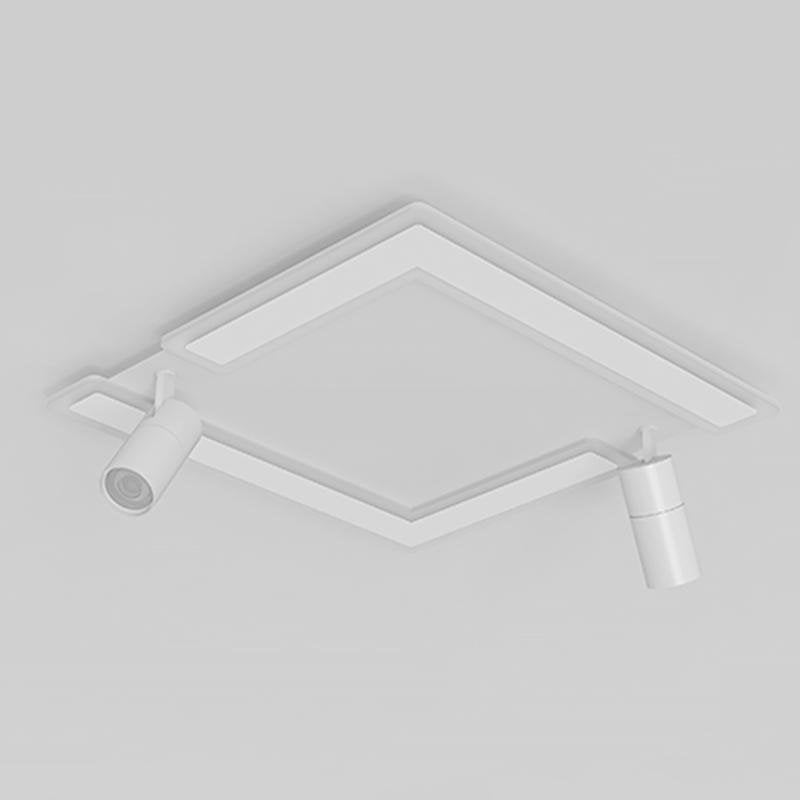 Modern White Square LED Flush Mount Ceiling Light with Two Rotating Spotlights and Dimmable Control