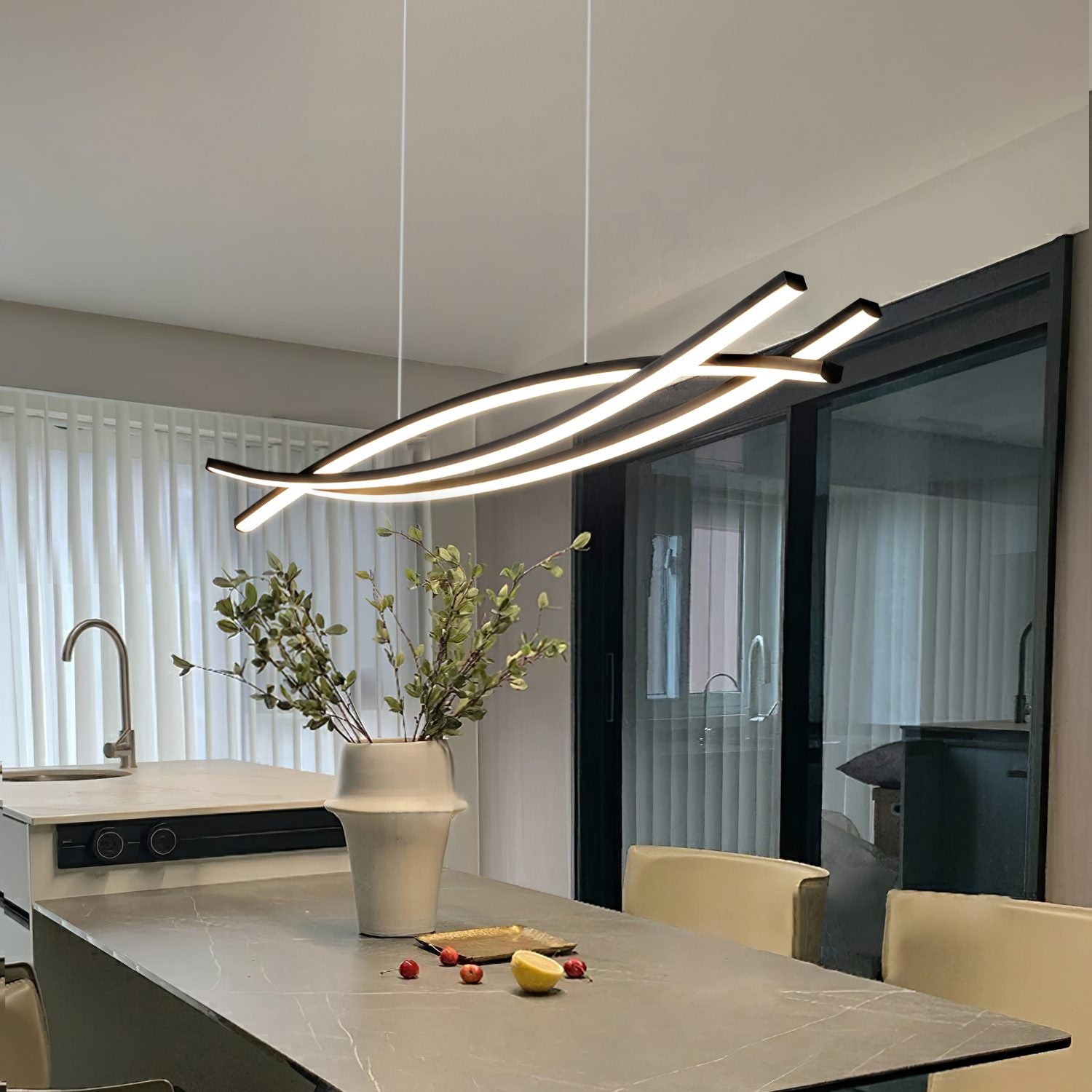 Modern Wishbone LED Linear Chandelier Large Pendant Light for Kitchen Island and Dining Room