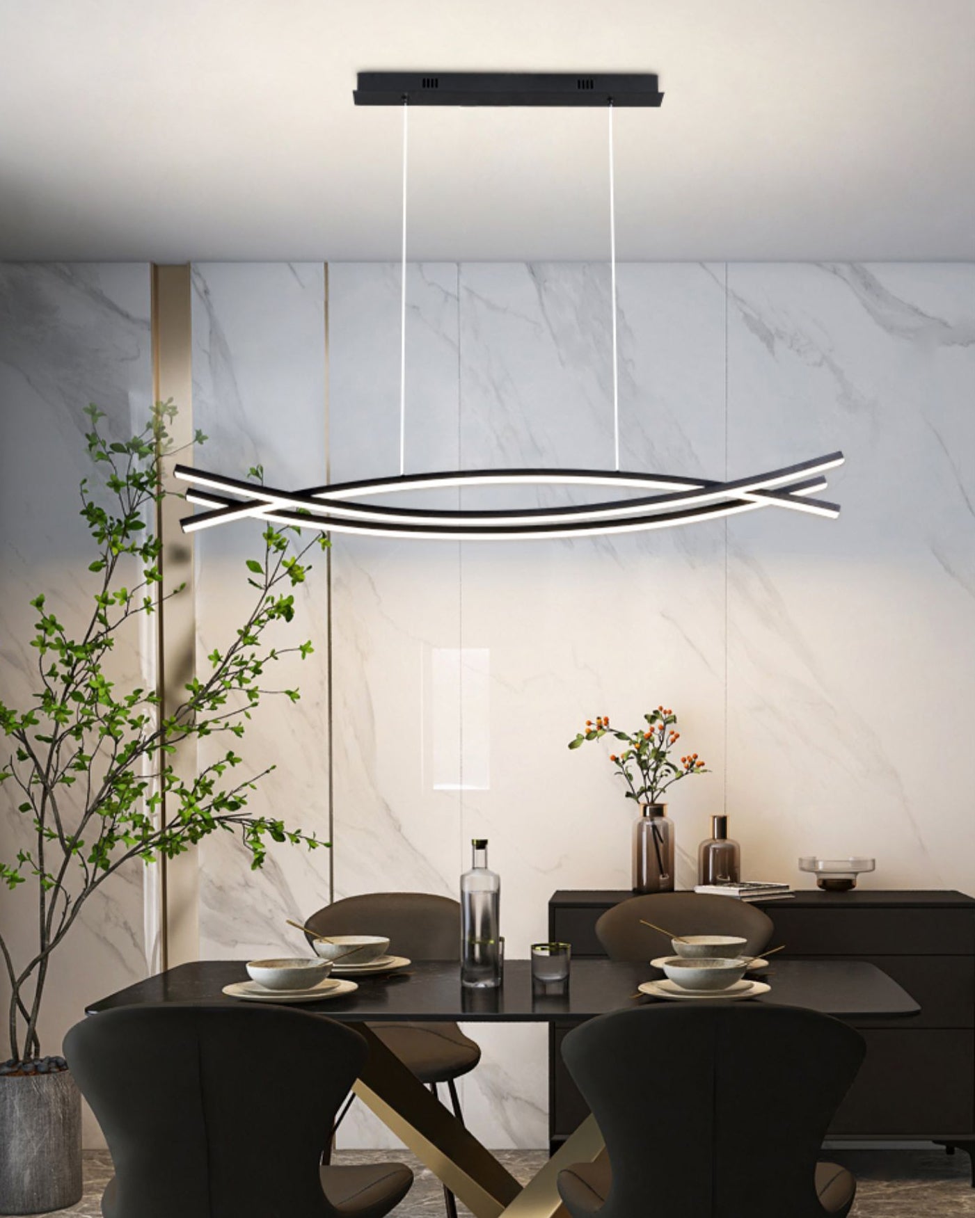 Modern Wishbone LED Linear Chandelier Large Pendant Light for Kitchen Island and Dining Room