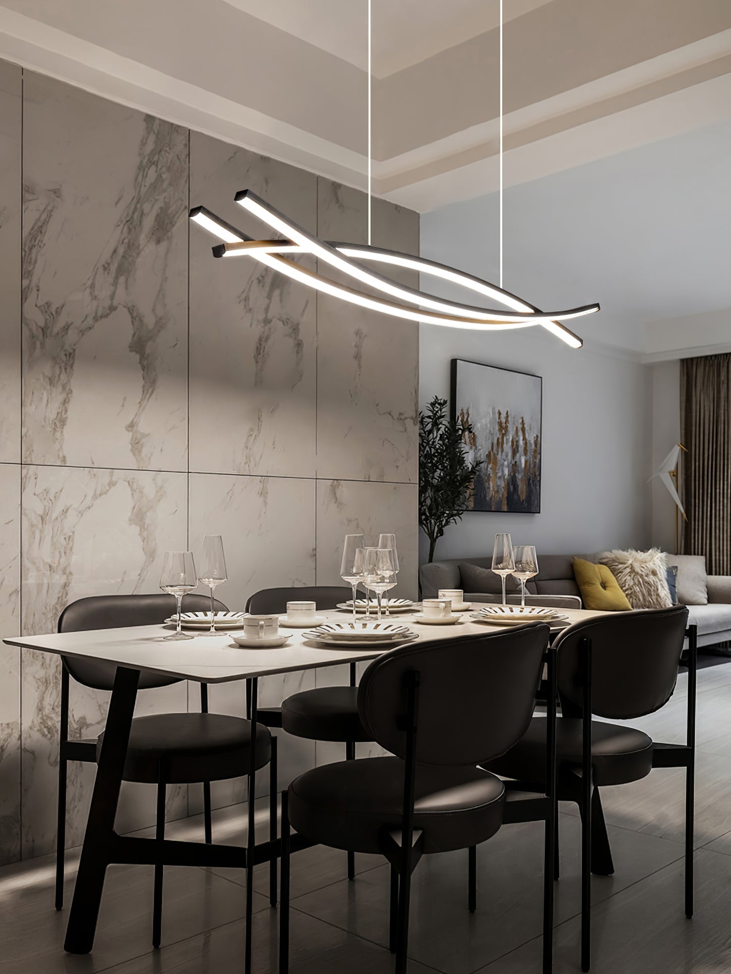 Modern Wishbone LED Linear Chandelier Large Pendant Light for Kitchen Island and Dining Room