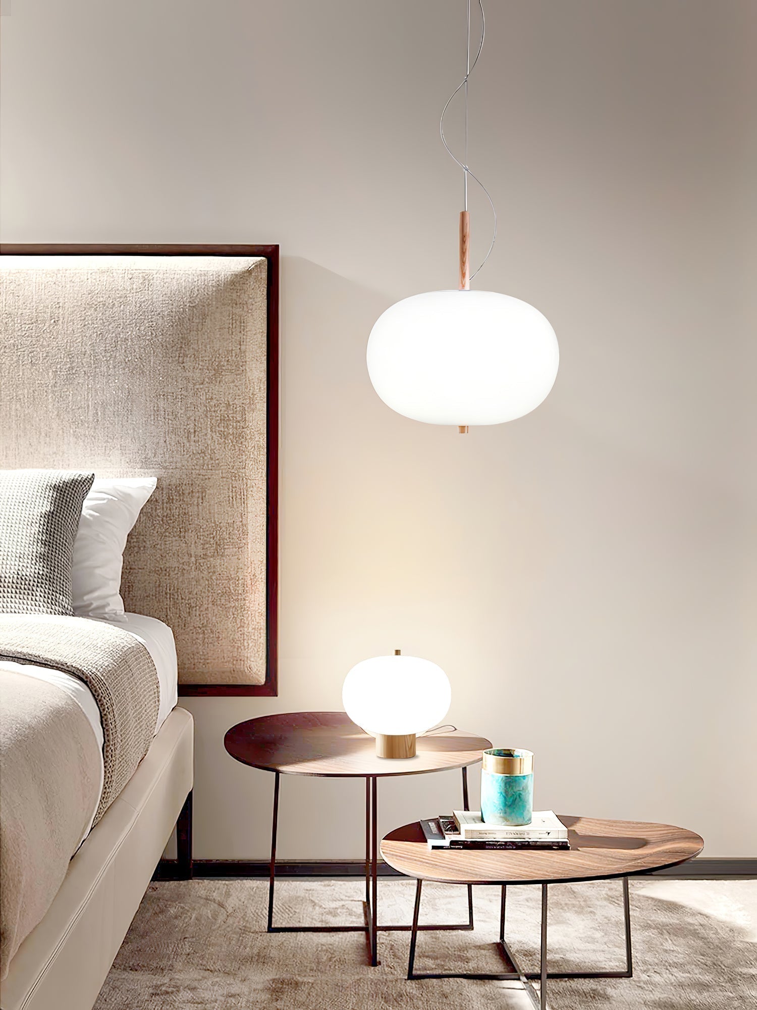 Modern Wood and Hand Blown Glass Sphere LED Pendant Light for Home Decor