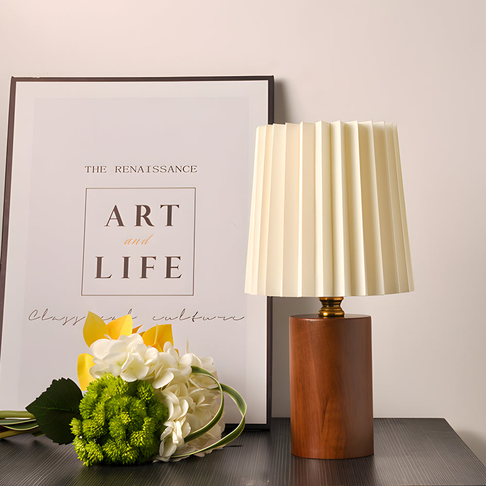 Modern Wood Column Table Lamp with Pleated Empire Fabric Shade for Bedroom and Office