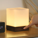 Modern Wood Cube LED Table Lamp with Opal Glass Shade and Remote Control