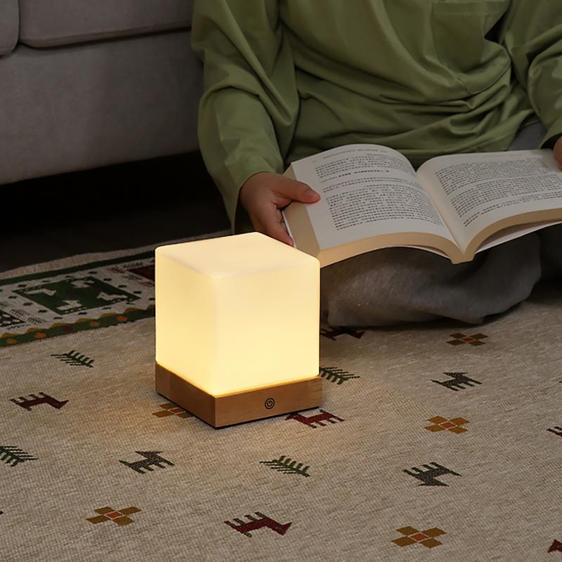 Modern Wood Cube LED Table Lamp with Opal Glass Shade and Remote Control