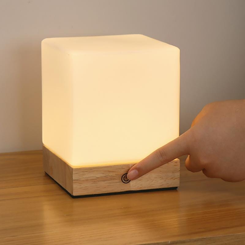 Modern Wood Cube LED Table Lamp with Opal Glass Shade and Remote Control