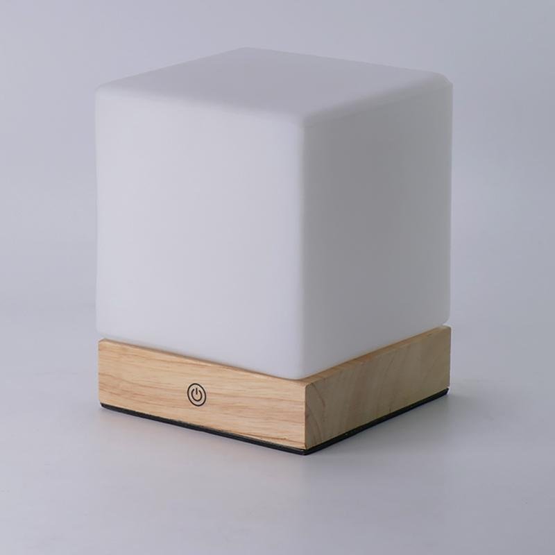 Modern Wood Cube LED Table Lamp with Opal Glass Shade and Remote Control