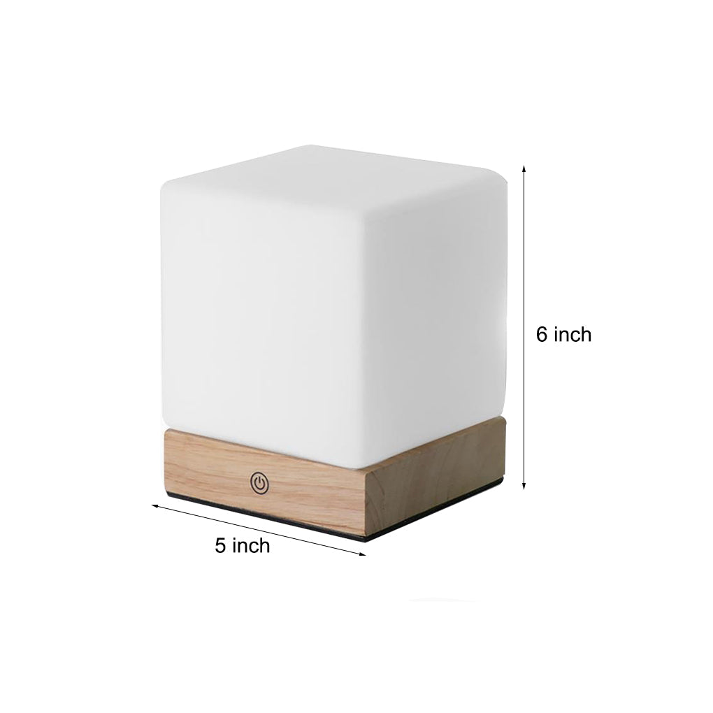Modern Wood Cube LED Table Lamp with Opal Glass Shade and Remote Control