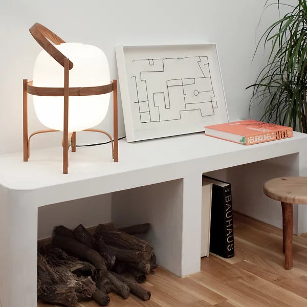 Modern Wood Frame Table Lamp with Glass Globe Shade and Portable Handle for Minimalist Decor