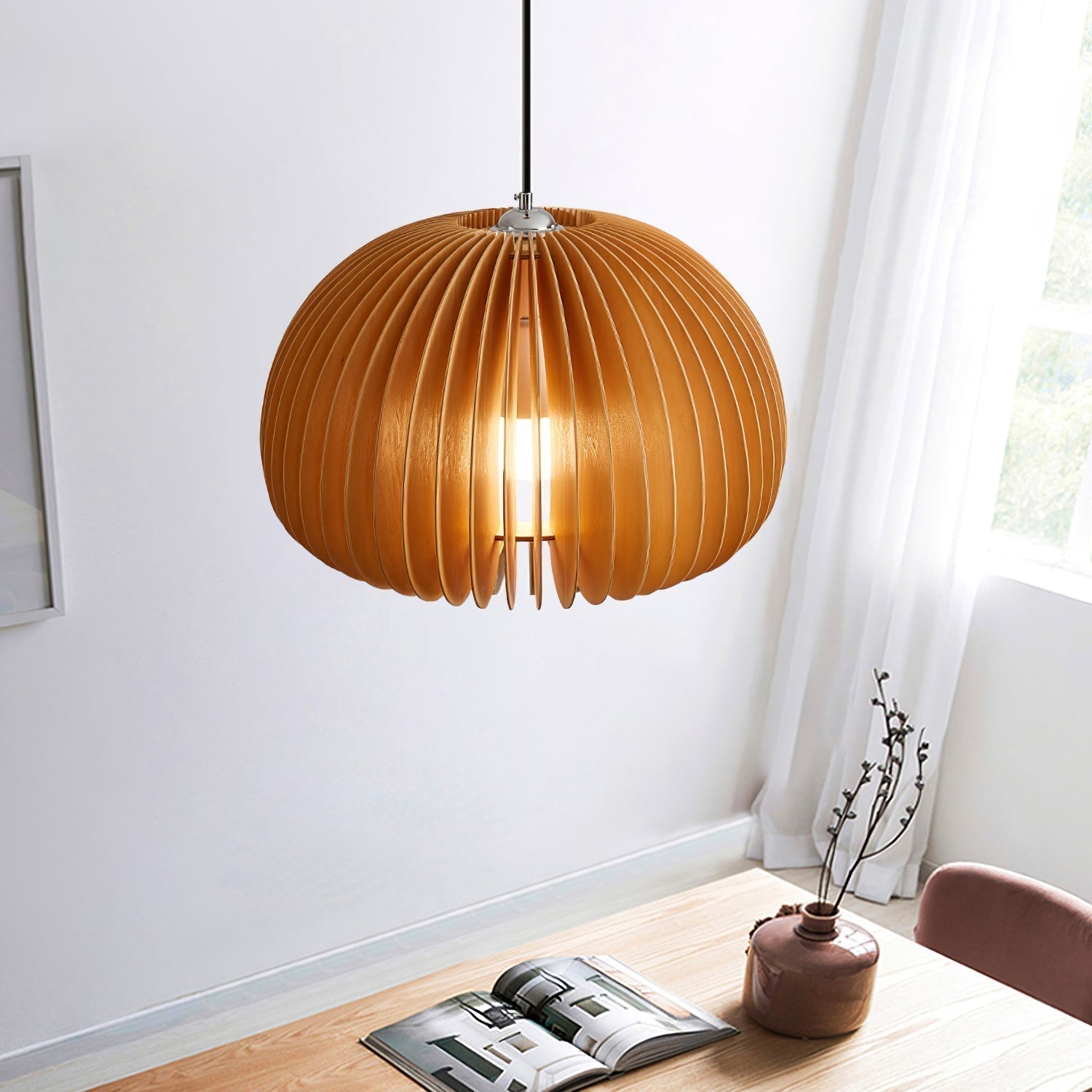 Modern Wooden Pumpkin Pendant Light Organic Nordic Style Ceiling Hanging Lamp