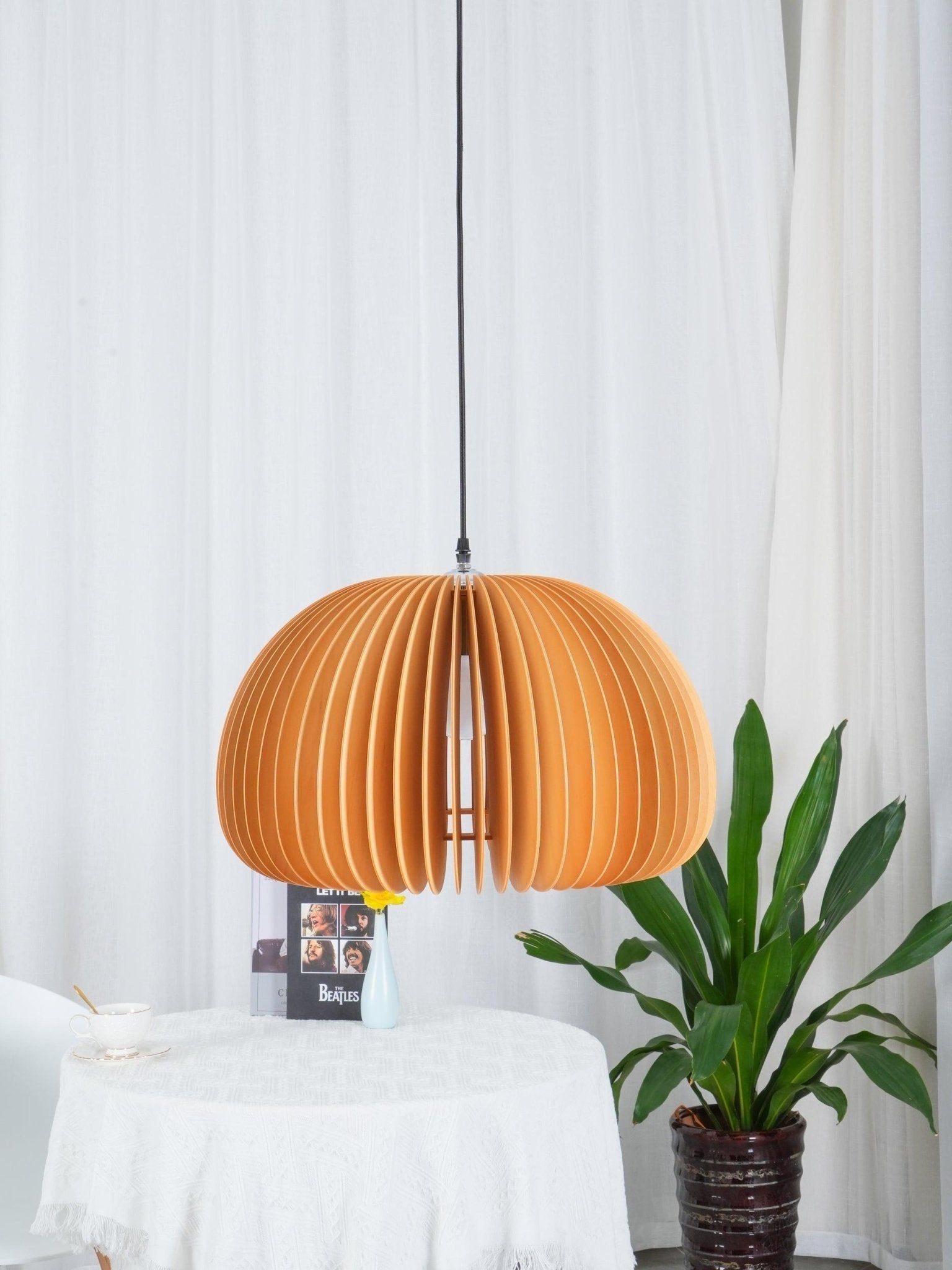 Modern Wooden Pumpkin Pendant Light Organic Nordic Style Ceiling Hanging Lamp