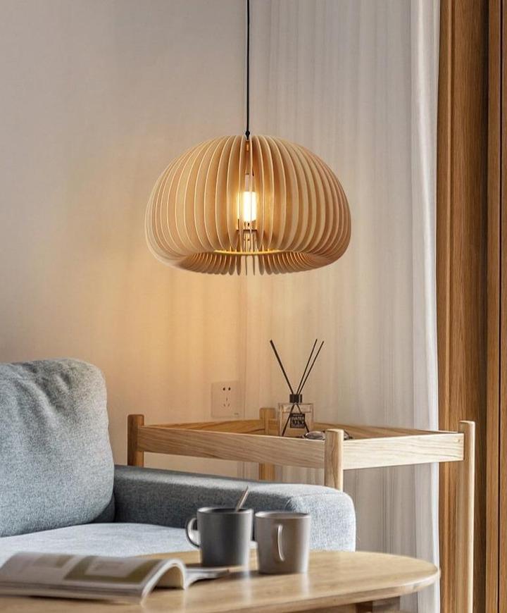 Modern Wooden Pumpkin Pendant Light Organic Nordic Style Ceiling Hanging Lamp