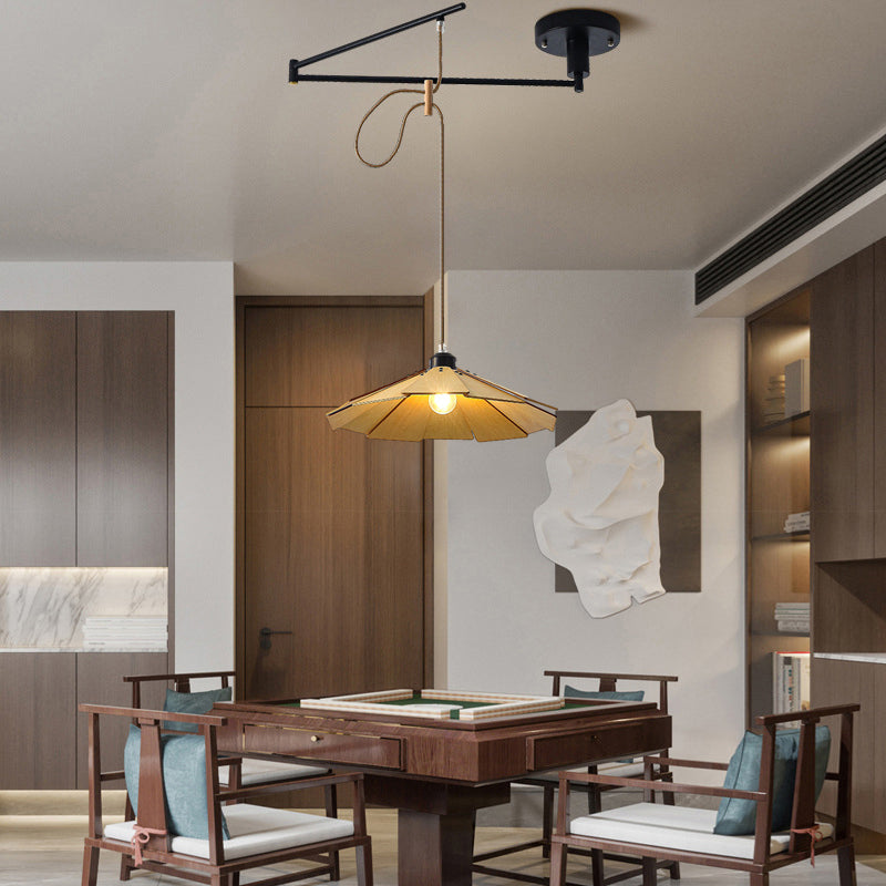 Modern Wooden Swing Arm Pendant Light Adjustable Umbrella Chandelier with 3 Color Dimming
