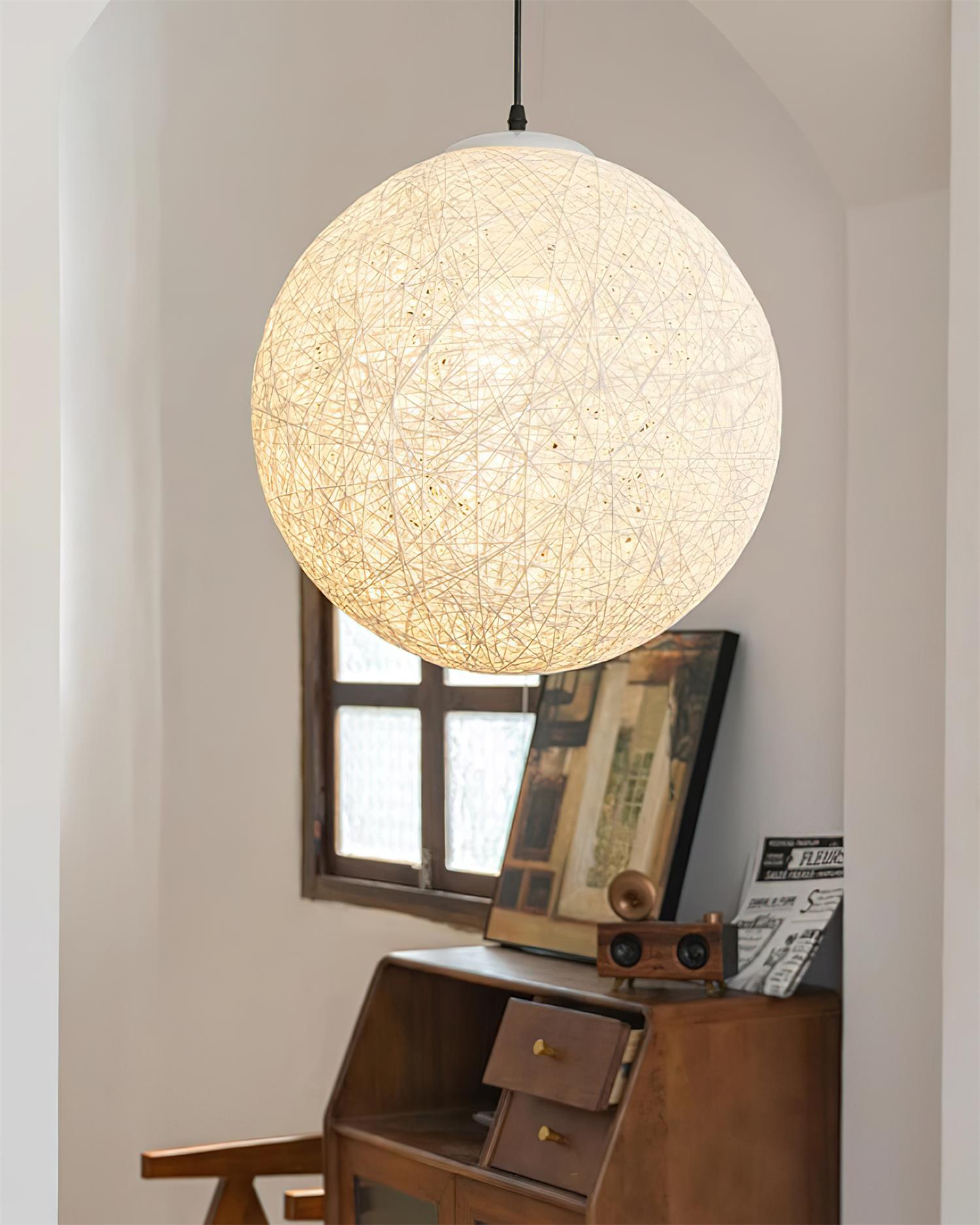 Modern Woven Hemp Rattan Sphere Pendant Light Organic Nest Style Ceiling Fixture