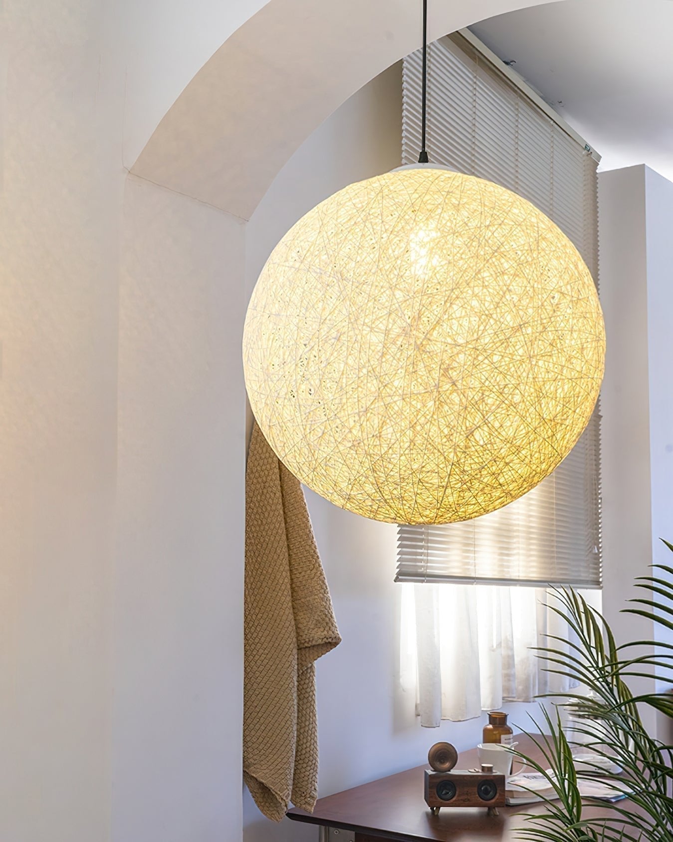 Modern Woven Hemp Rattan Sphere Pendant Light Organic Nest Style Ceiling Fixture