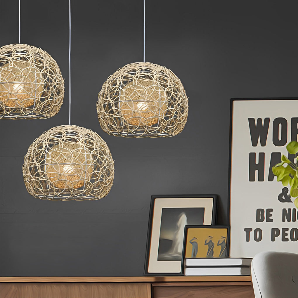 Modern Woven Rattan Globe Pendant Light Double Layer Round Ball Chandelier