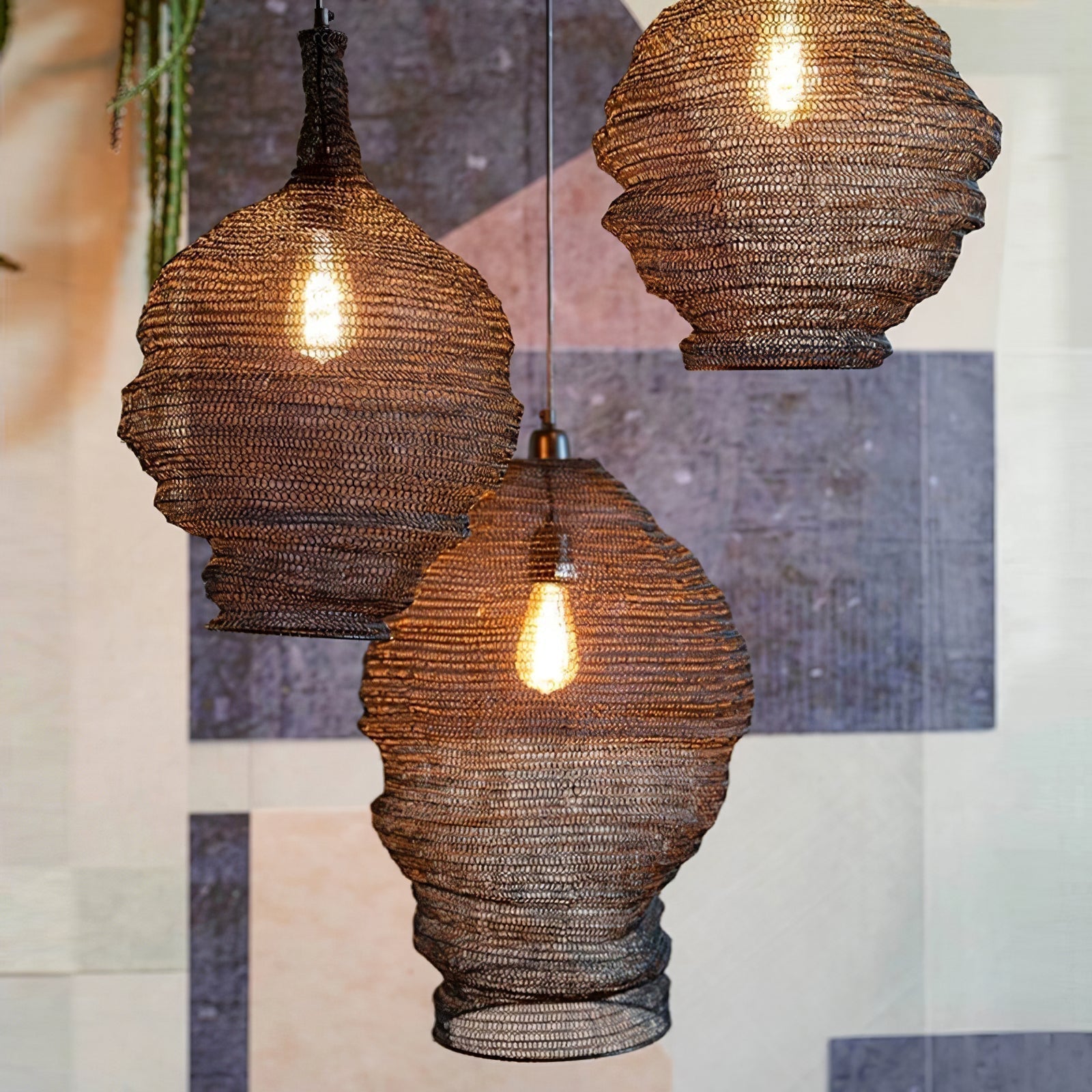 Modern Woven Steel Mesh Pendant Lamp Rustic Industrial Hanging Light for Living Room Kitchen