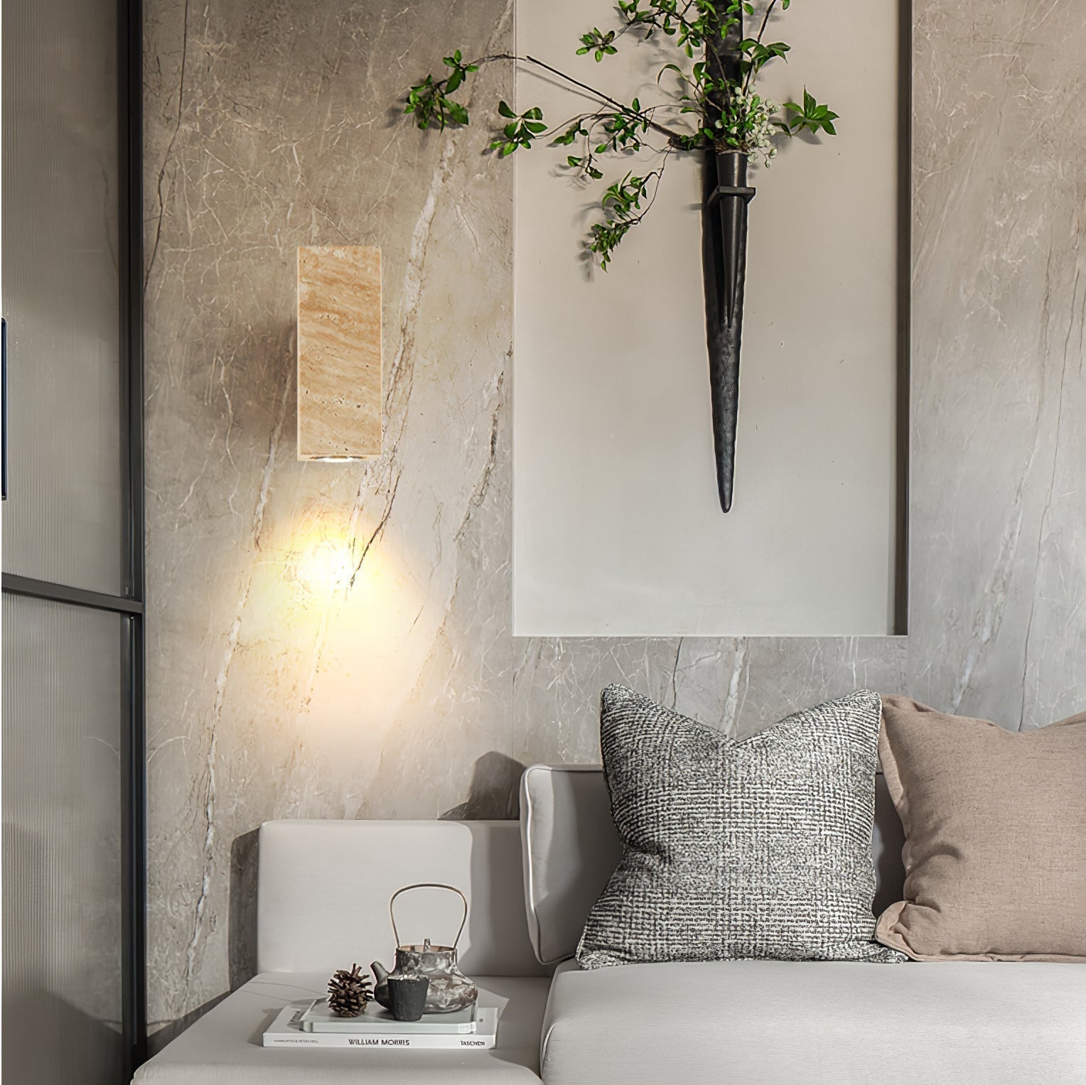 Modern Yellow Travertine LED Wall Sconce with Walnut Wood Bracket Lighting