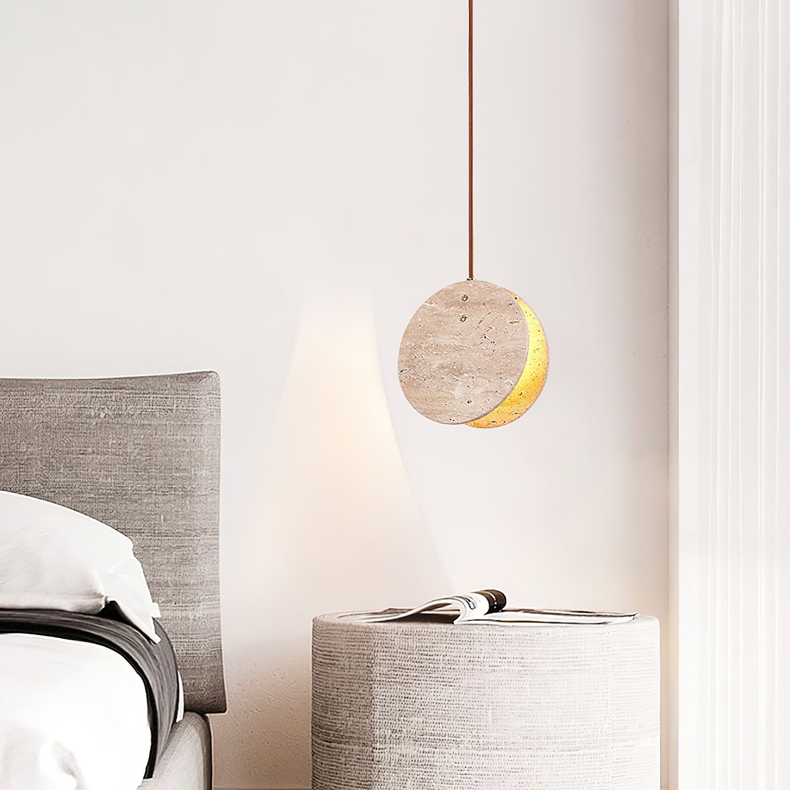 Modern Yellow Travertine Stone Disc Pendant Light Minimalist Circular Hanging Lamp